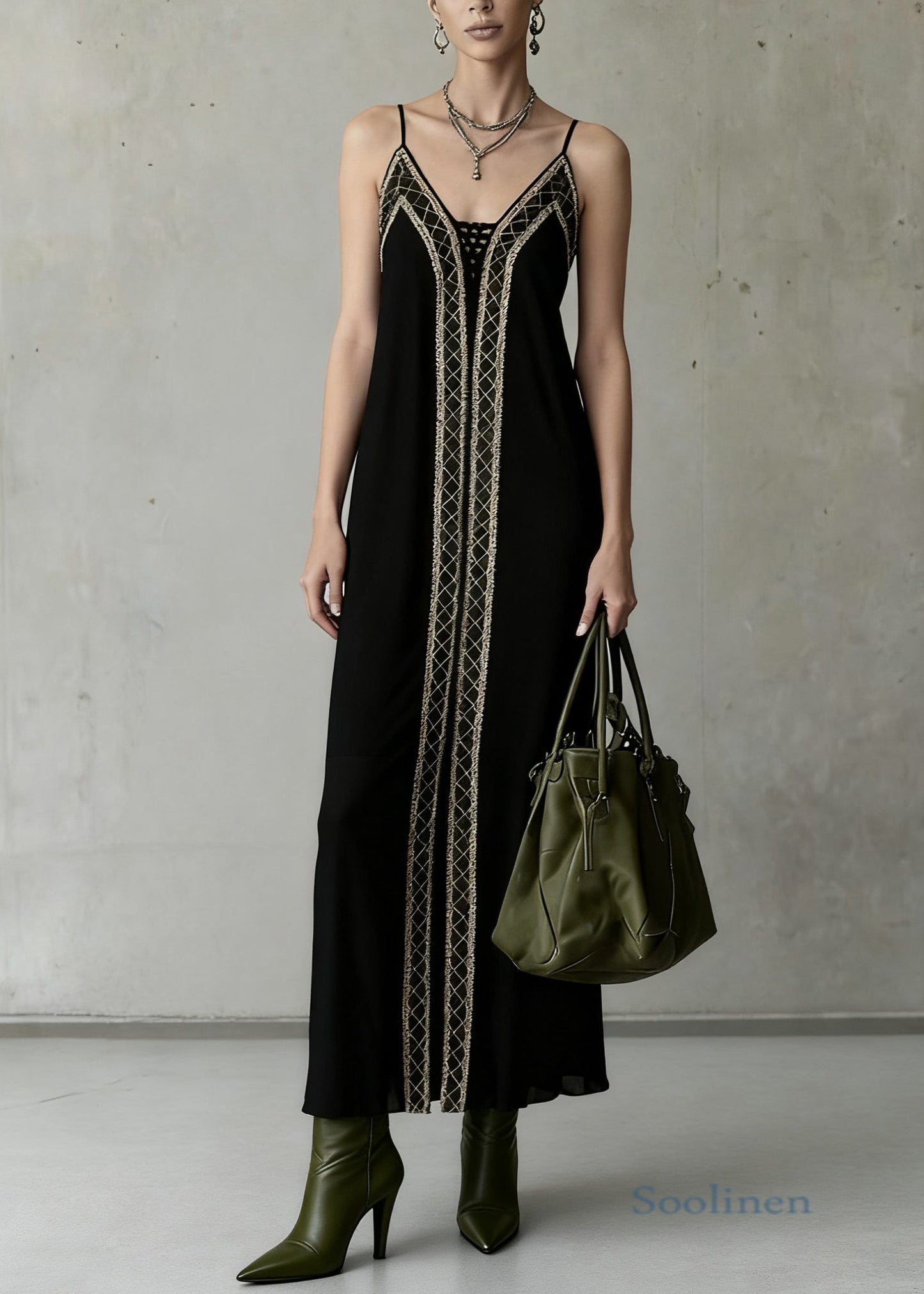 Slim Fit Black Backless Plaid Spaghetti Strap Dress Sleeveless