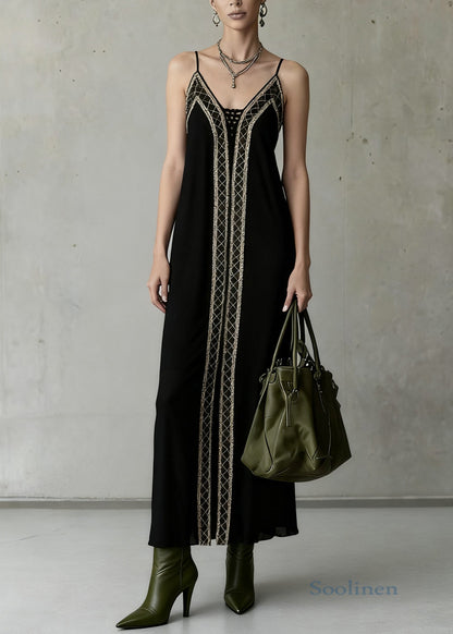 Slim Fit Black Backless Plaid Spaghetti Strap Dress Sleeveless