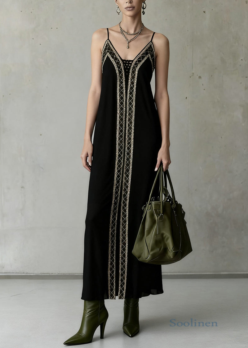 Slim Fit Black Backless Plaid Spaghetti Strap Dress Sleeveless