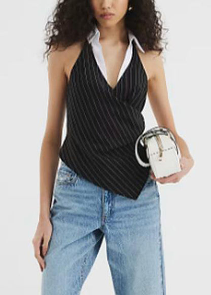 Slim Fit Black Backless Striped Cotton Tank Sleeveless