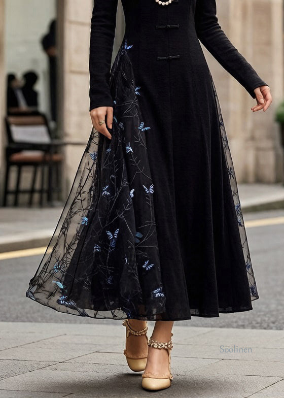 Slim Fit Black Chinese Button Butterfly Tulle Patchwork Long Dresses Spring