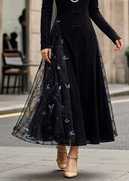 Slim Fit Black Chinese Button Butterfly Tulle Patchwork Long Dresses Spring