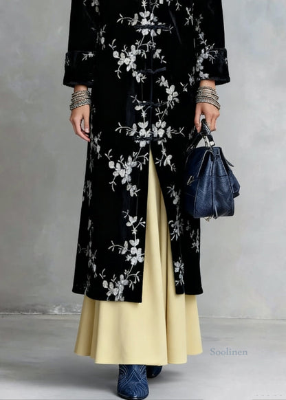 Slim Fit Black Chinese Button Print Silk Velvet Coat Spring