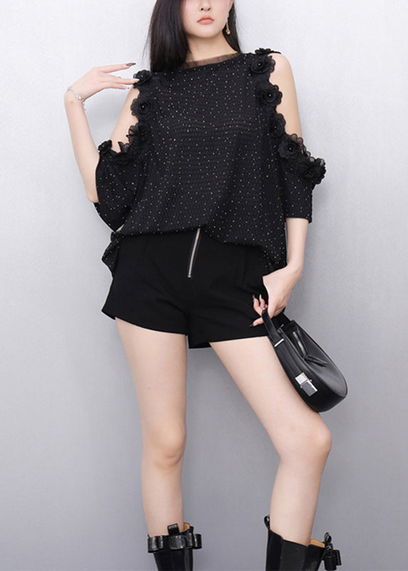 Slim Fit Black Cold Shoulder T Shirt Short Sleeveless