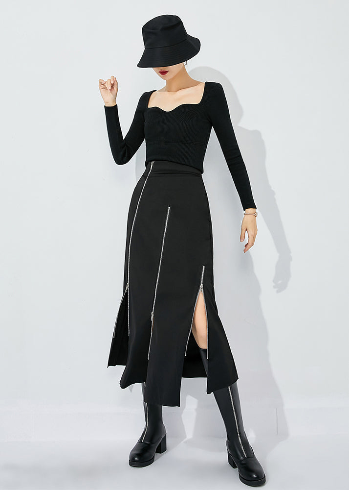 Slim Fit Black High Waist Zippered Side Open a Line Skirt Summer