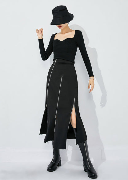 Slim Fit Black High Waist Zippered Side Open a Line Skirt Summer