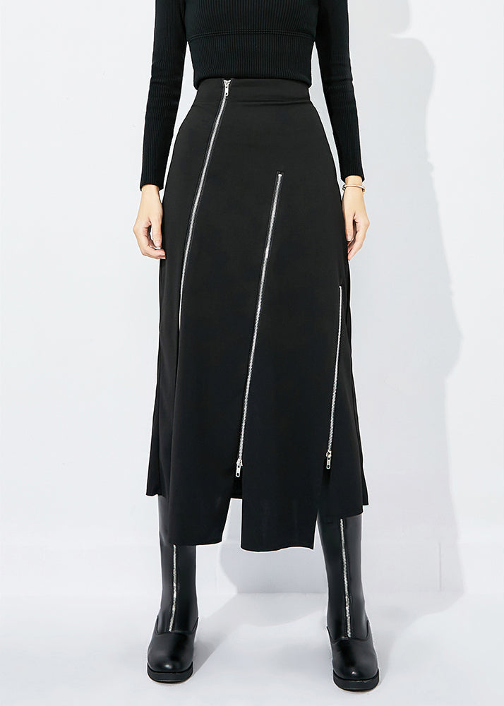 Slim Fit Black High Waist Zippered Side Open a Line Skirt Summer