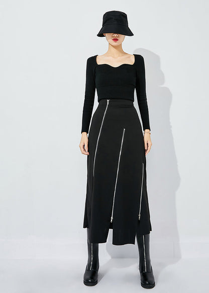 Slim Fit Black High Waist Zippered Side Open a Line Skirt Summer
