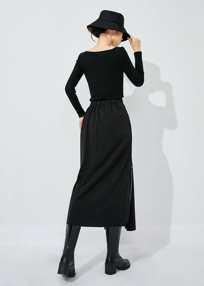 Slim Fit Black High Waist Zippered Side Open a Line Skirt Summer