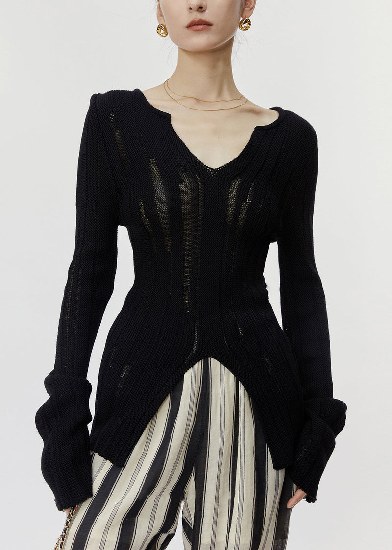 Slim Fit Black Hollow Out Front Open Knit Sweaters Spring