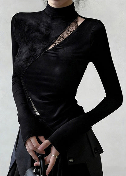 Slim Fit Black Hollow Out Lace Patchwork Cotton T Shirt Spring