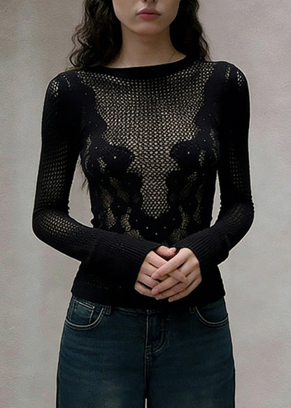 Slim Fit Black Hollow Out Solid Knitting Cotton T Shirt Spring