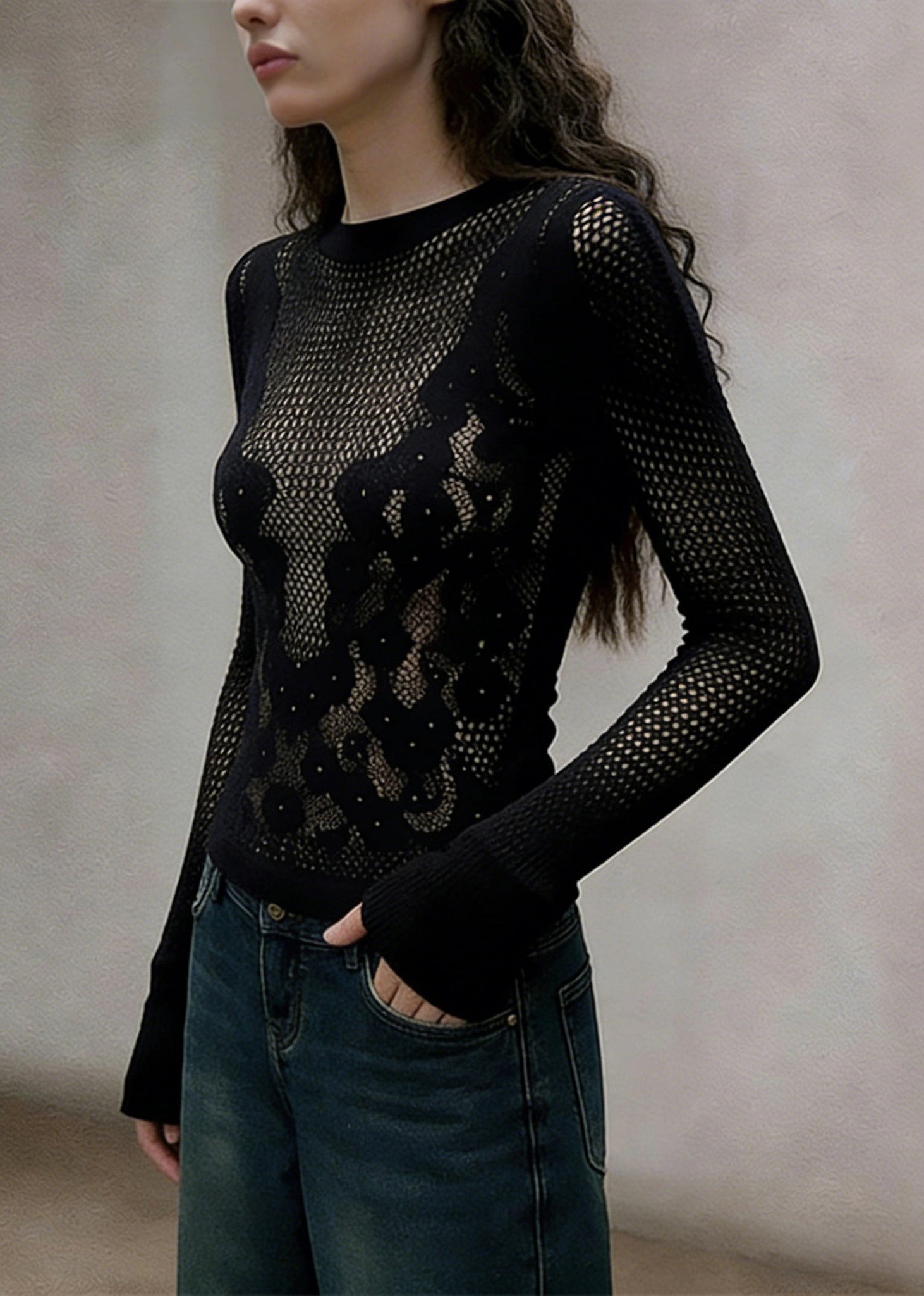 Slim Fit Black Hollow Out Solid Knitting Cotton T Shirt Spring