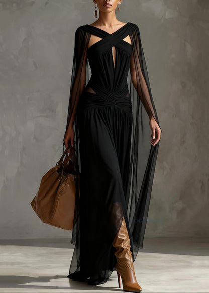 Slim Fit Black Hollow Out Wrinkled Tulle Party Dress Summer