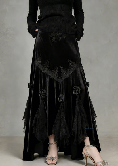 Slim Fit Black Lace Silk Velvet Fish Tail Skirt Spring