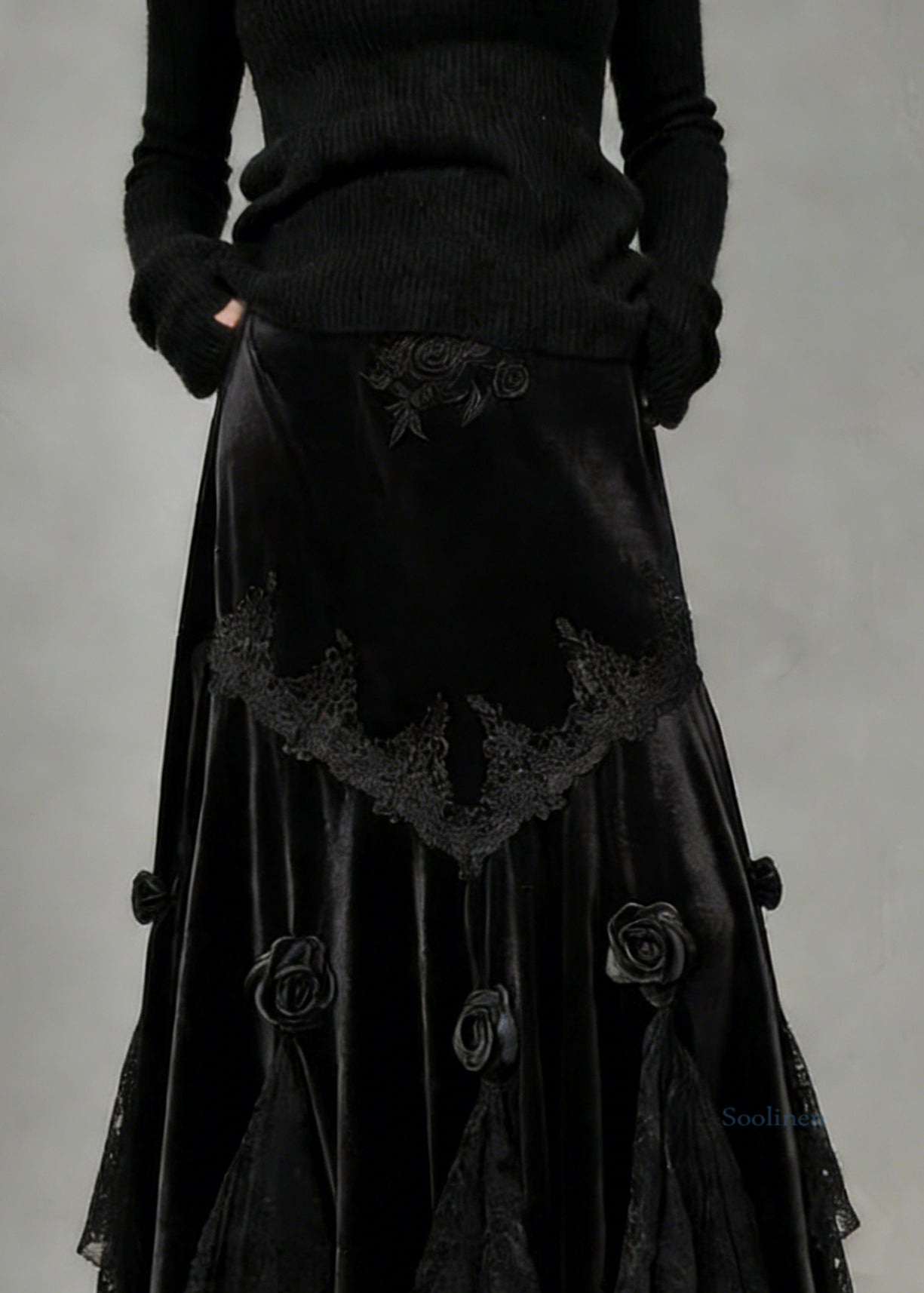 Slim Fit Black Lace Silk Velvet Fish Tail Skirt Spring