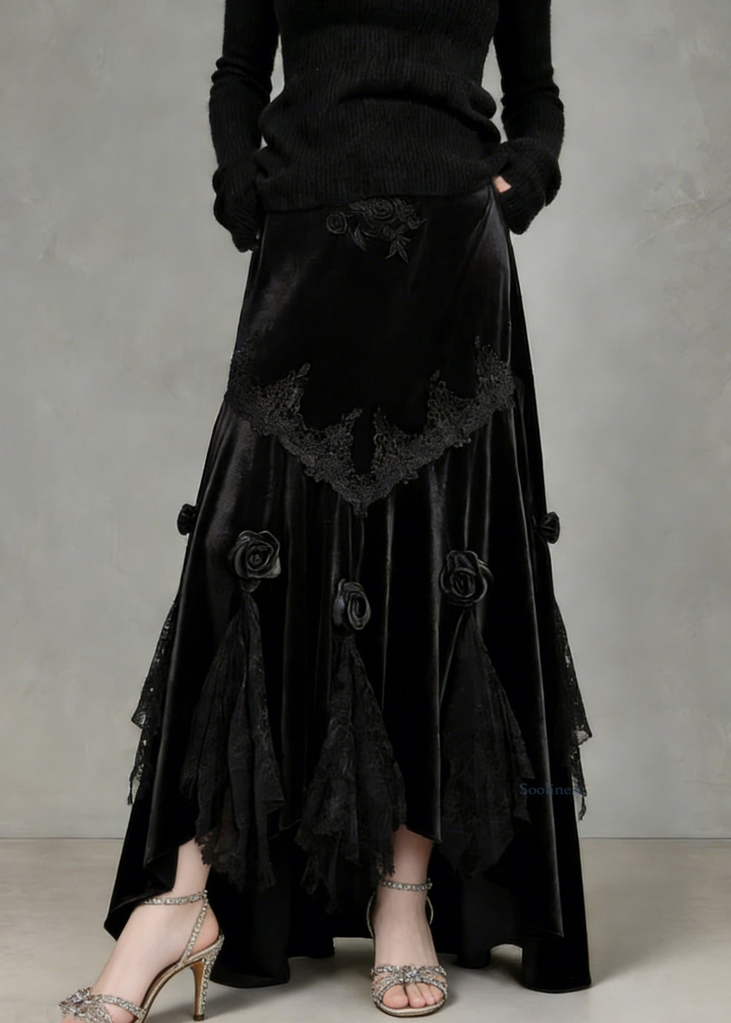 Slim Fit Black Lace Silk Velvet Fish Tail Skirt Spring
