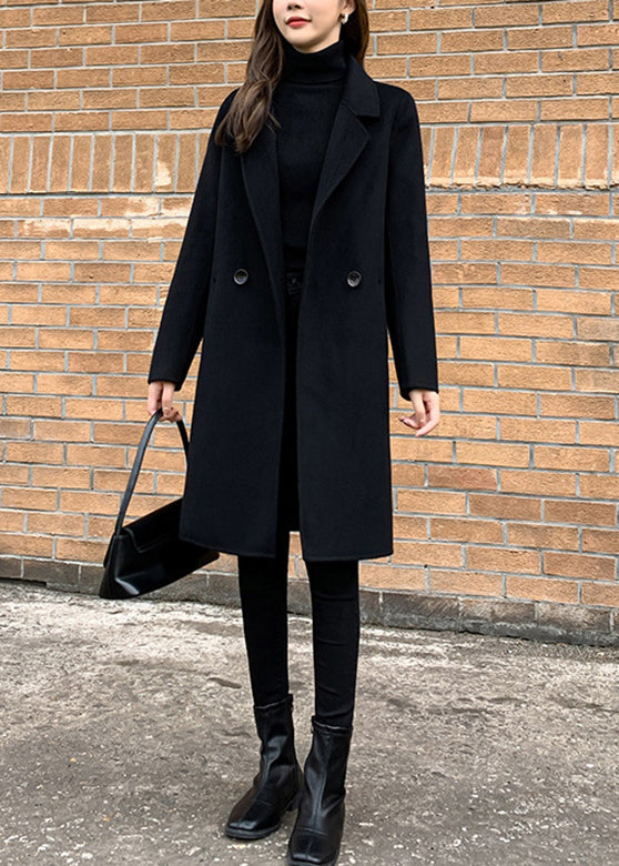 Slim Fit Black Notched Button Woolen Coats Fall