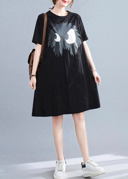 Slim Fit Black O-neck Appliques A-line Dresses Short Sleeve