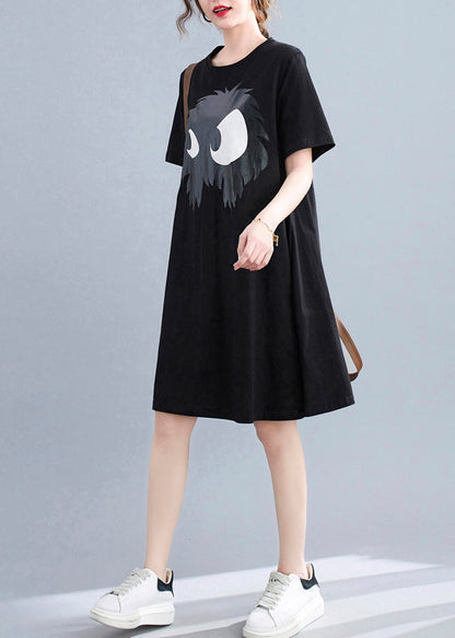 Slim Fit Black O-neck Appliques A-line Dresses Short Sleeve