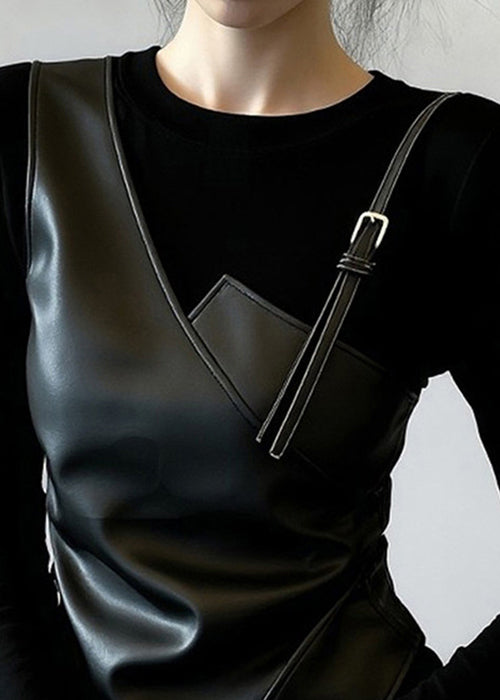 Slim Fit Black O-Neck Faux Leather Patchwork False Two Pieces T Shirt Spring