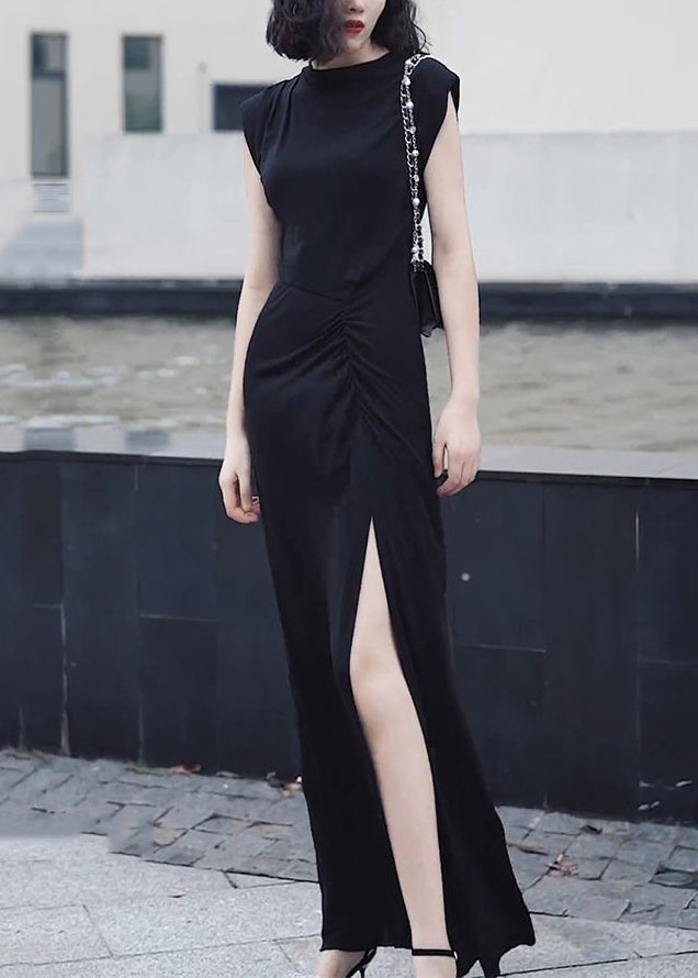 Slim Fit Black O-neck Front Open Patchwork Chiffon Long Dresses Summer
