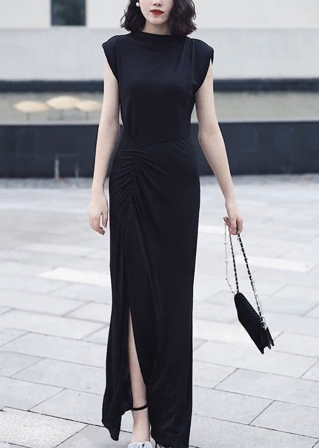 Slim Fit Black O-neck Front Open Patchwork Chiffon Long Dresses Summer