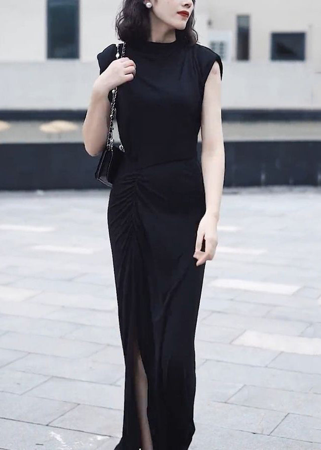 Slim Fit Black O-neck Front Open Patchwork Chiffon Long Dresses Summer