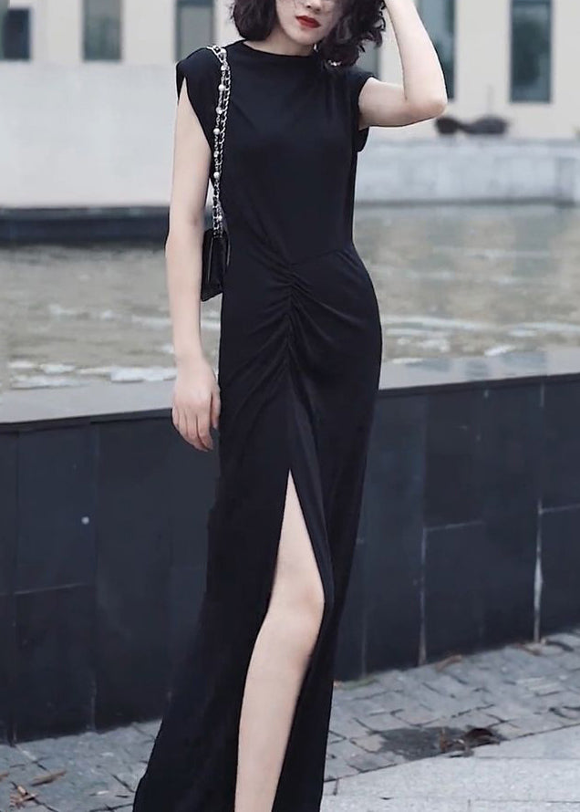 Slim Fit Black O-neck Front Open Patchwork Chiffon Long Dresses Summer