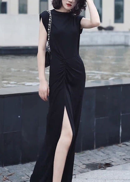 Slim Fit Black O-neck Front Open Patchwork Chiffon Long Dresses Summer