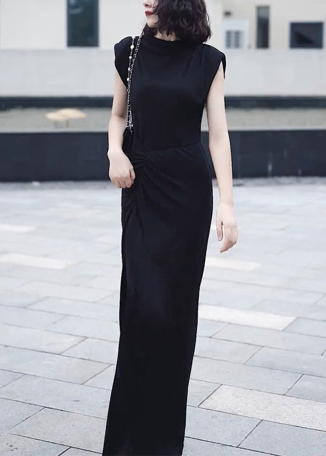 Slim Fit Black O-neck Front Open Patchwork Chiffon Long Dresses Summer