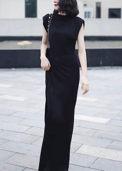 Slim Fit Black O-neck Front Open Patchwork Chiffon Long Dresses Summer
