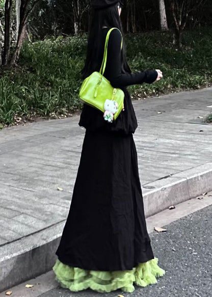 Slim Fit Black O Neck High Waist Cotton Long Dress Spring