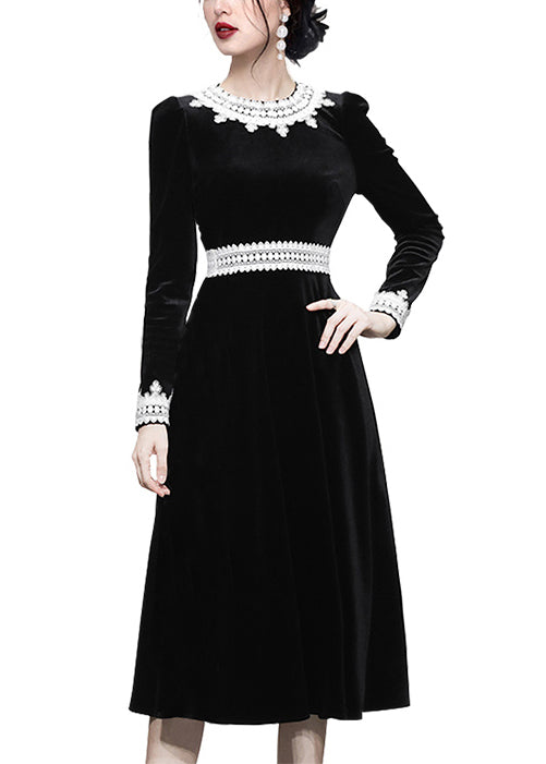Slim Fit Black O-neck Lace Patchwork Velour Dress Fall
