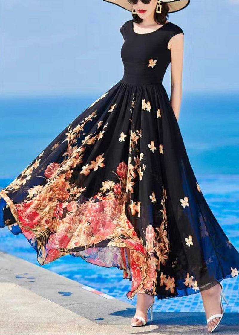 Slim Fit Black O-neck Print Chiffon Long Dresses Summer