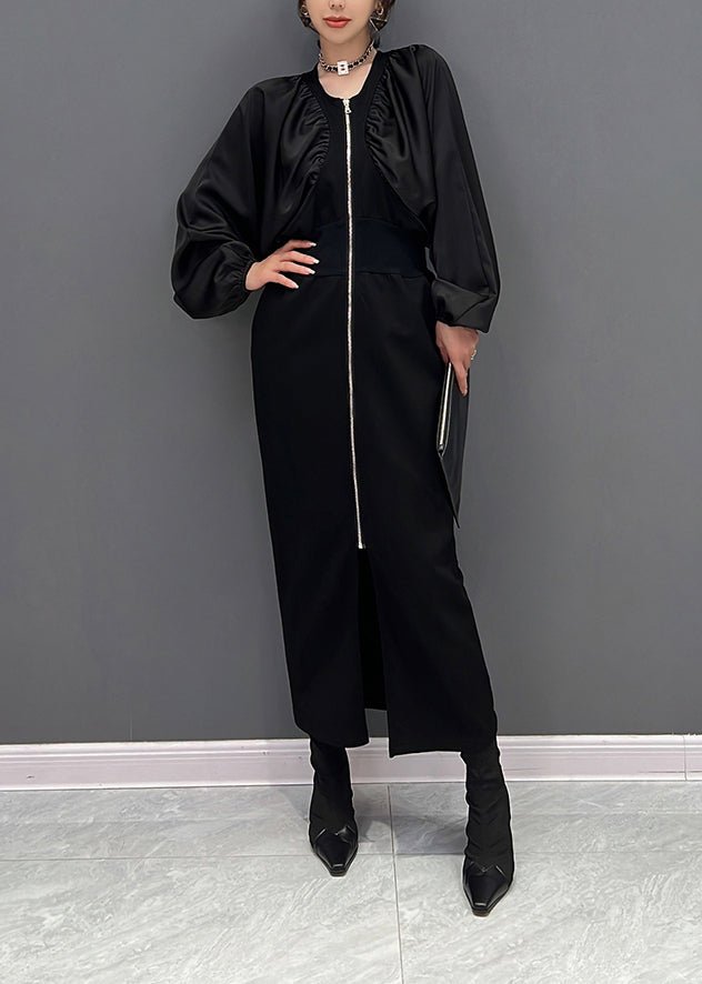 Slim Fit Black O-neck Zippered Maxi Dress Fall