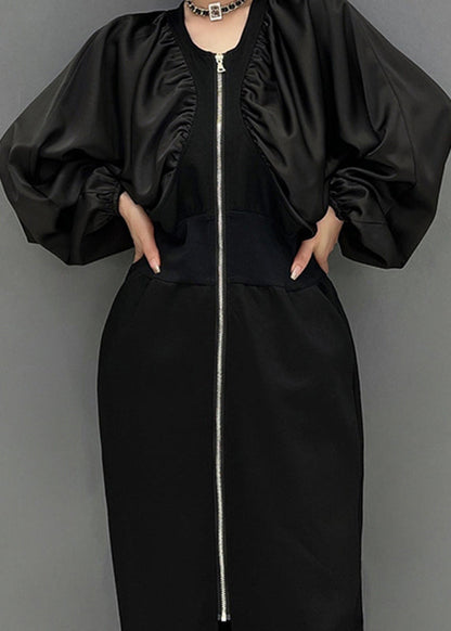 Slim Fit Black O-neck Zippered Maxi Dress Fall