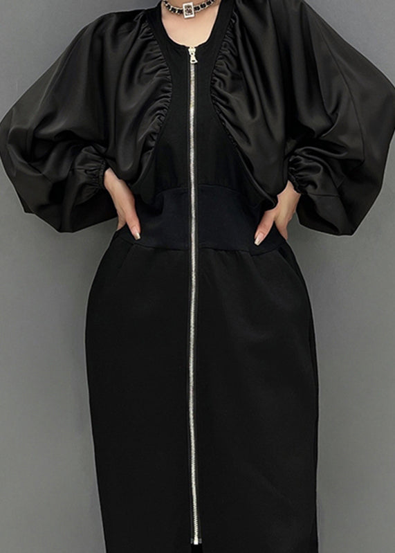 Slim Fit Black O-neck Zippered Maxi Dress Fall