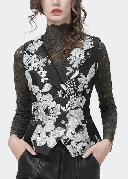 Slim Fit Black Peter Pan Collar Button Print Vest Tops Spring