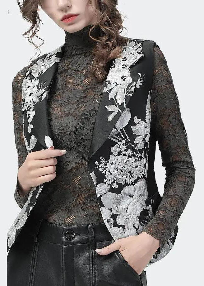 Slim Fit Black Peter Pan Collar Button Print Vest Tops Spring