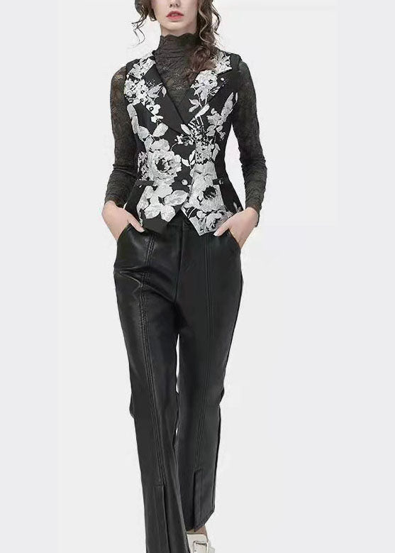 Slim Fit Black Peter Pan Collar Button Print Vest Tops Spring