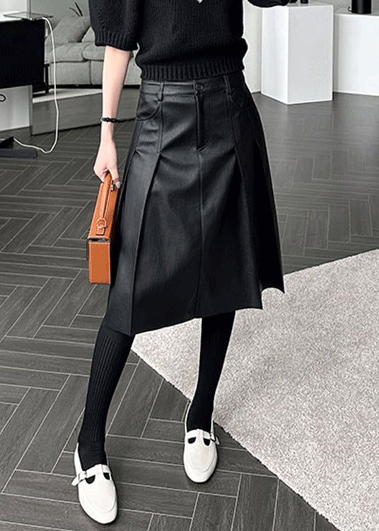 Slim Fit Black Pockets High Waist Faux Leather Skirt Spring
