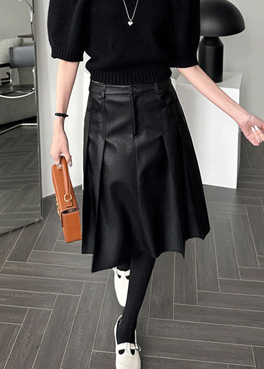 Slim Fit Black Pockets High Waist Faux Leather Skirt Spring