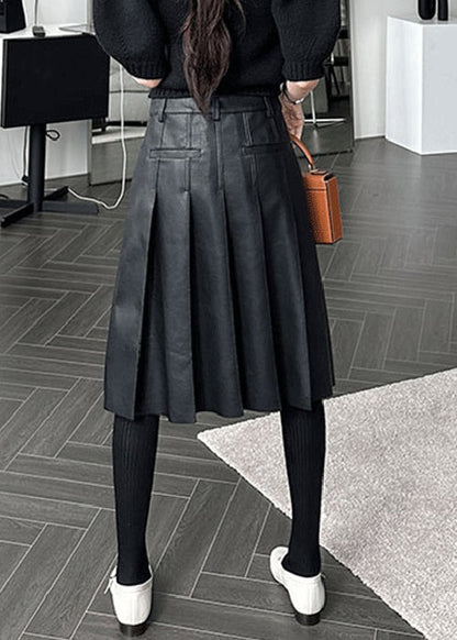 Slim Fit Black Pockets High Waist Faux Leather Skirt Spring