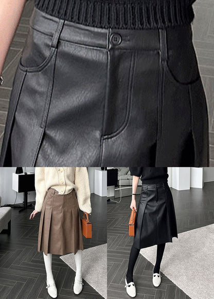 Slim Fit Black Pockets High Waist Faux Leather Skirt Spring