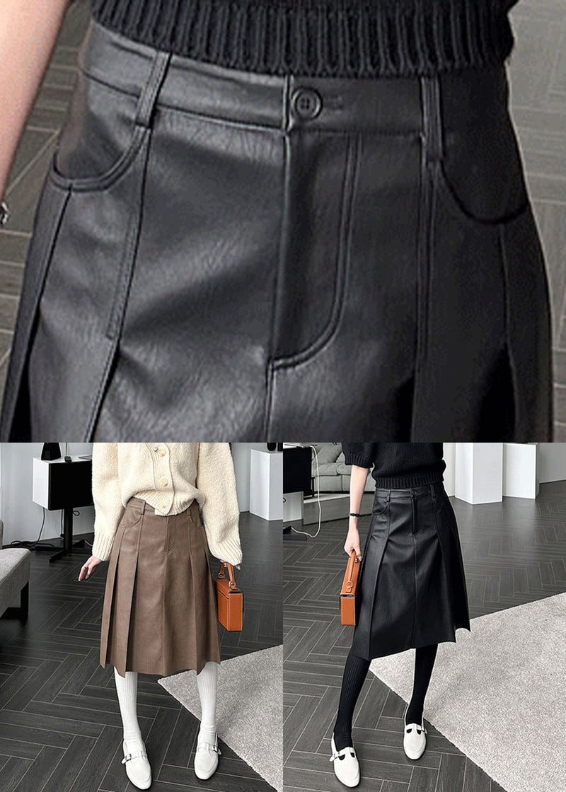 Slim Fit Black Pockets High Waist Faux Leather Skirt Spring