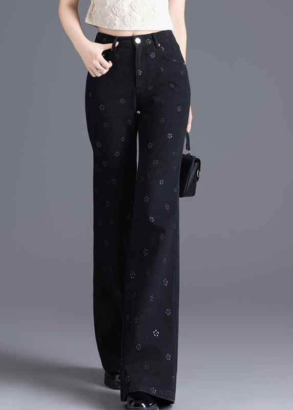 Slim Fit Black Pockets Print Denim Flared Trousers Spring