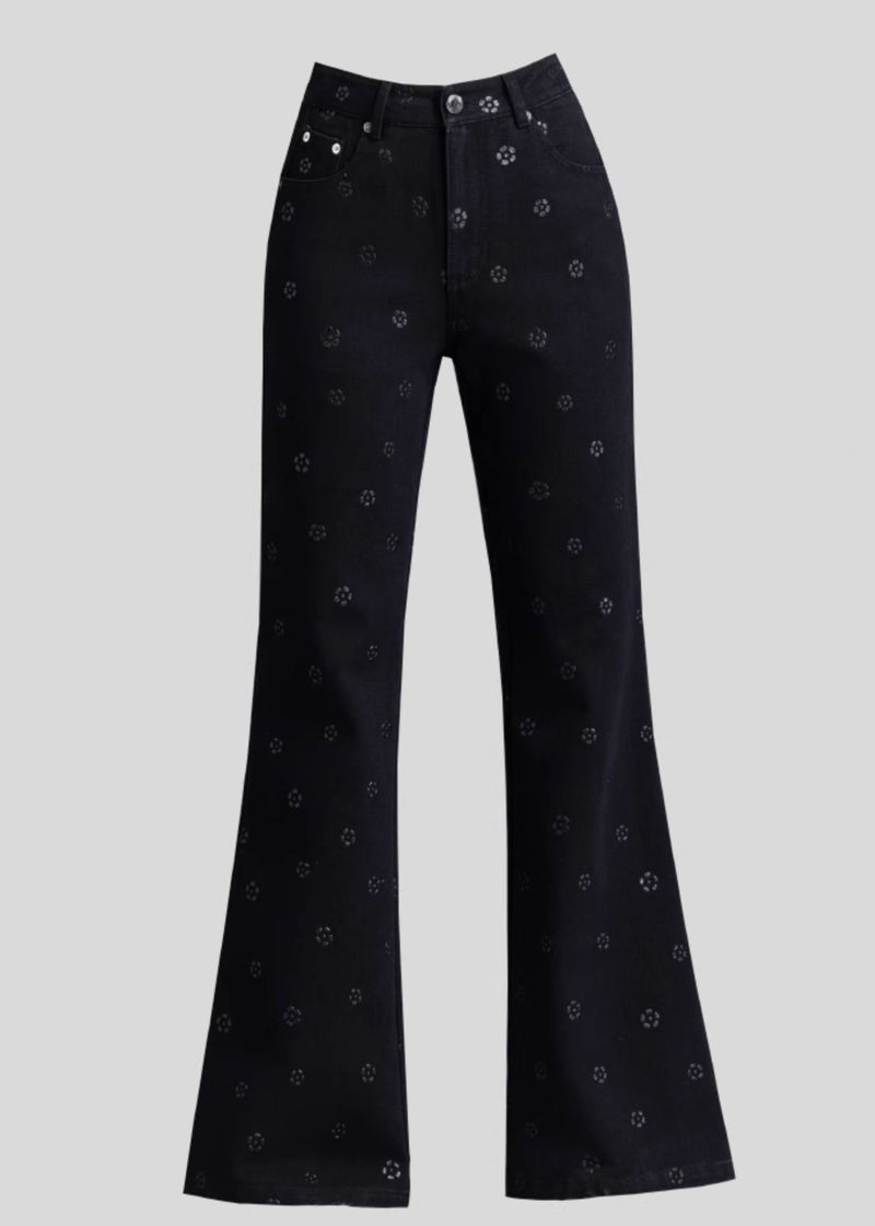 Slim Fit Black Pockets Print Denim Flared Trousers Spring