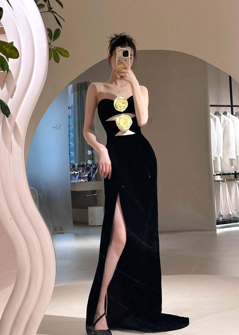 Slim Fit Black Side Open Patchwork Cotton Dresses Vestidos Sleeveless