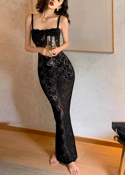 Slim Fit Black Slash Neck Lace Long Spaghetti Strap Dress Summer